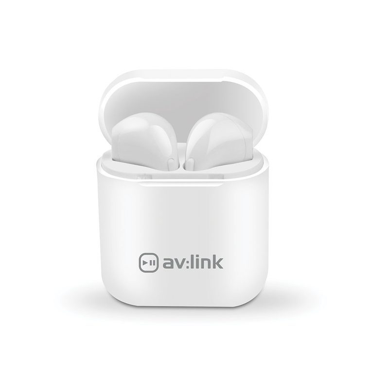 AV:link Ear Shots, bezdrátová Bluetooth sluchátka s nabíjecím pouzdrem, bílá